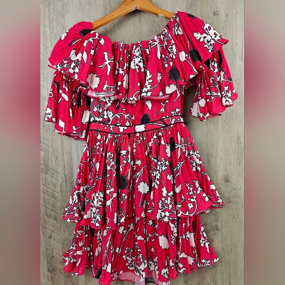 Self-Portrait Off Shoulder Pleated Floral Mini Dress Size 4 - Picture 10 of 13